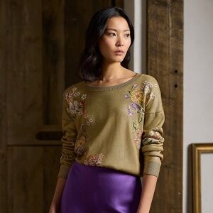 Ralph Lauren Purple Label Olive Green Floral Embroidered Crewneck Sweater